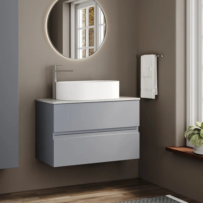 Urban 800mm Wall Hung 2 Drawer Vanity Unit & Bellato Grey Laminate Worktop - Grey Satin