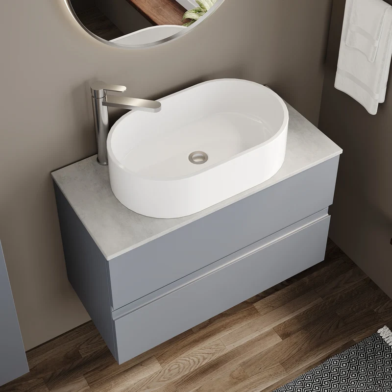 Urban 800mm Wall Hung 2 Drawer Vanity Unit & Bellato Grey Laminate Worktop - Grey Satin