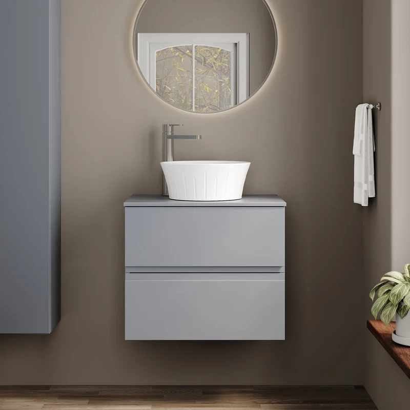 Urban 600mm Wall Hung 2 Drawer Vanity Unit & Worktop - Grey Satin
