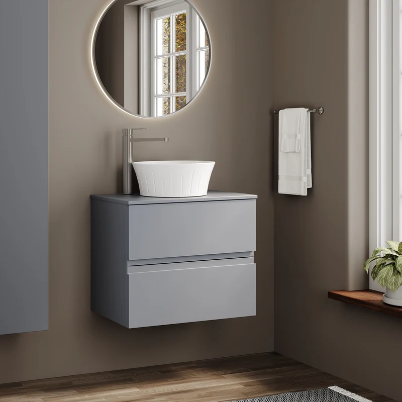 Urban 600mm Wall Hung 2 Drawer Vanity Unit & Worktop - Grey Satin