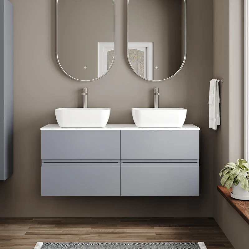 Urban 1200mm Wall Hung 4 Drawer Vanity Unit & Carrera Marble Laminate Worktop - Grey Satin