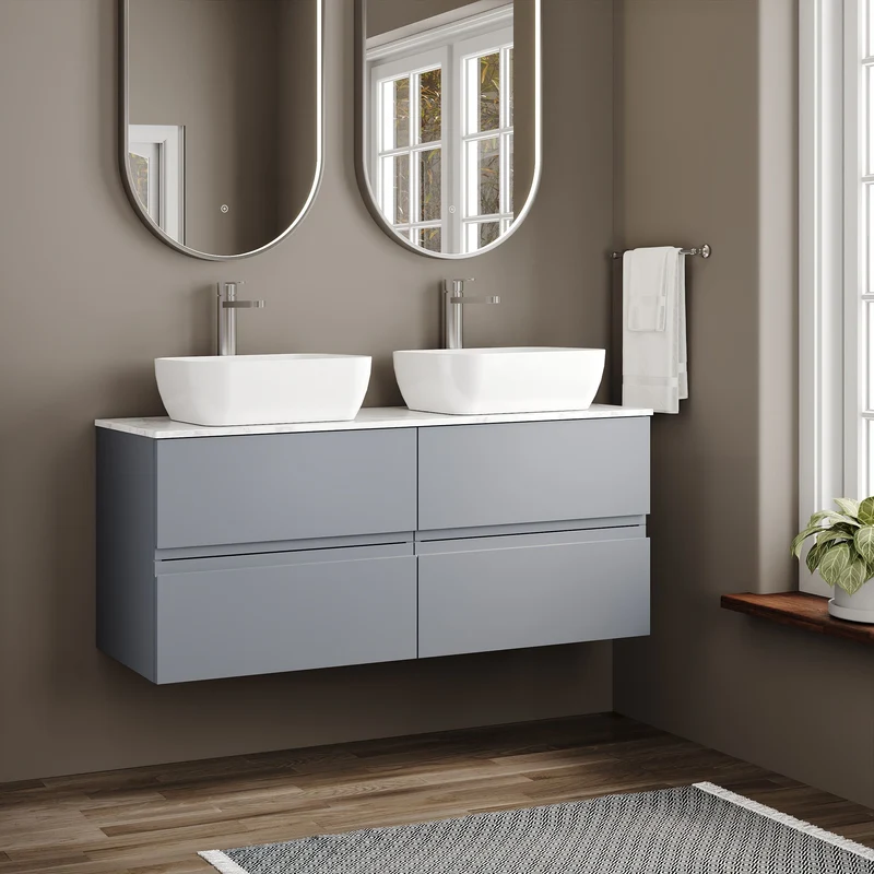 Urban 1200mm Wall Hung 4 Drawer Vanity Unit & Carrera Marble Laminate Worktop - Grey Satin