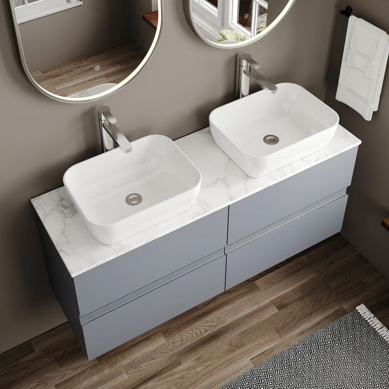Urban 1200mm Wall Hung 4 Drawer Vanity Unit & Carrera Marble Laminate Worktop - Grey Satin