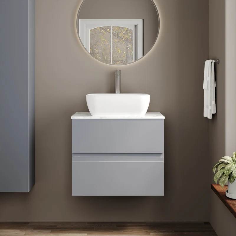 Urban 600mm Wall Hung 2 Drawer Vanity Unit & Carrera Marble Laminate Worktop - Grey Satin