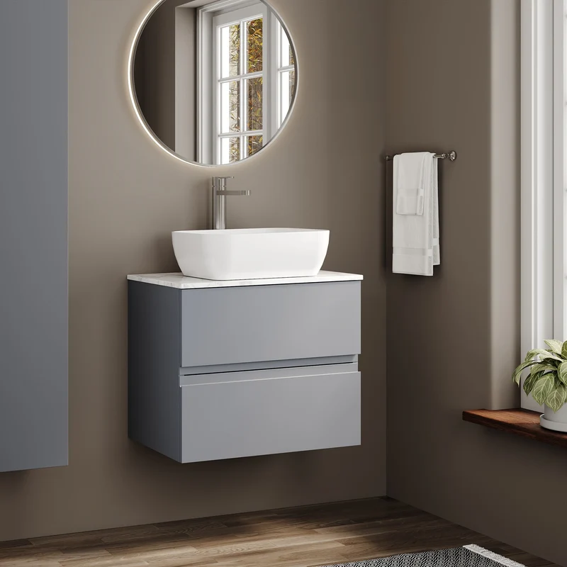 Urban 600mm Wall Hung 2 Drawer Vanity Unit & Carrera Marble Laminate Worktop - Grey Satin