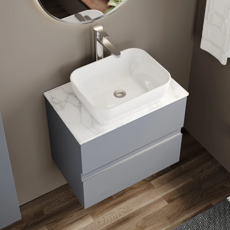 Urban 600mm Wall Hung 2 Drawer Vanity Unit & Carrera Marble Laminate Worktop - Grey Satin