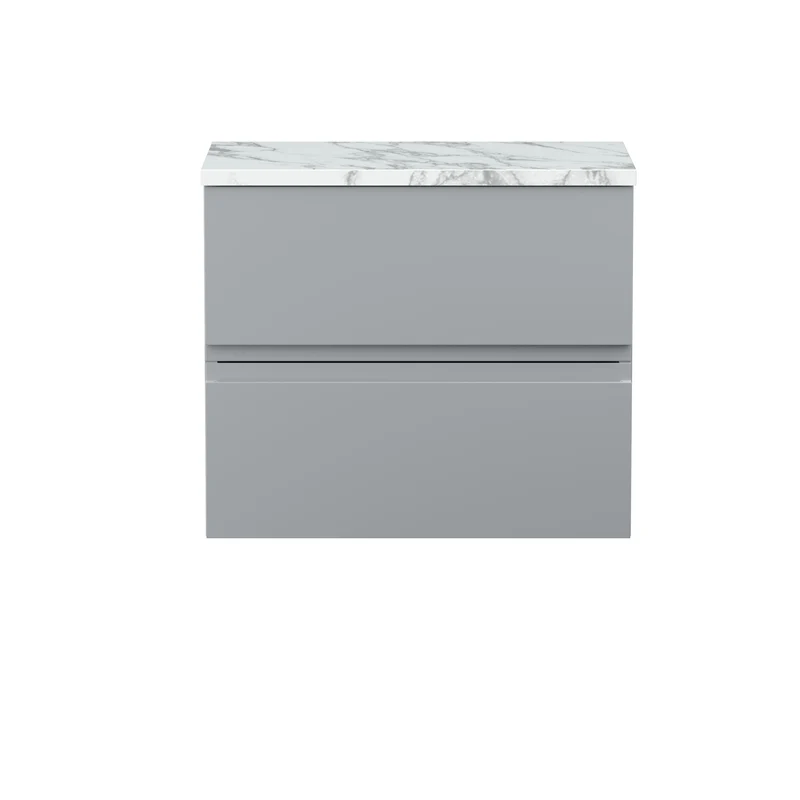 Urban 600mm Wall Hung 2 Drawer Vanity Unit & Carrera Marble Laminate Worktop - Grey Satin