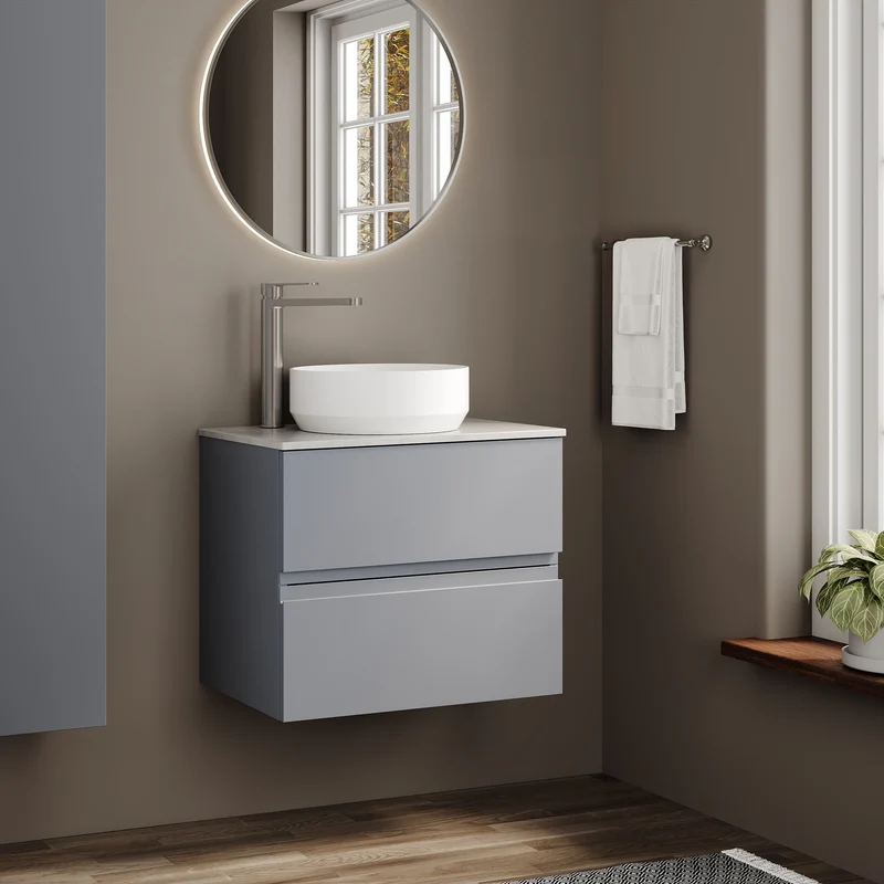 Urban 600mm Wall Hung 2 Drawer Vanity Unit & Bellato Grey Laminate Worktop - Grey Satin