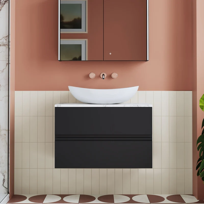 Urban 800mm Wall Hung 2 Drawer Vanity Unit & Carrera Marble Laminate Worktop - Soft Black Satin