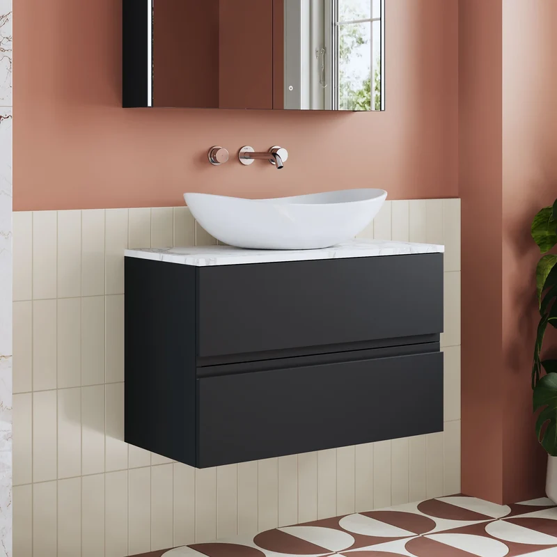 Urban 800mm Wall Hung 2 Drawer Vanity Unit & Carrera Marble Laminate Worktop - Soft Black Satin