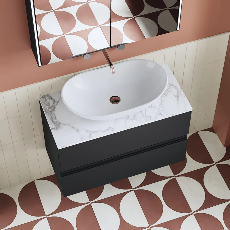 Urban 800mm Wall Hung 2 Drawer Vanity Unit & Carrera Marble Laminate Worktop - Soft Black Satin