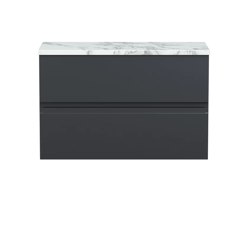 Urban 800mm Wall Hung 2 Drawer Vanity Unit & Carrera Marble Laminate Worktop - Soft Black Satin