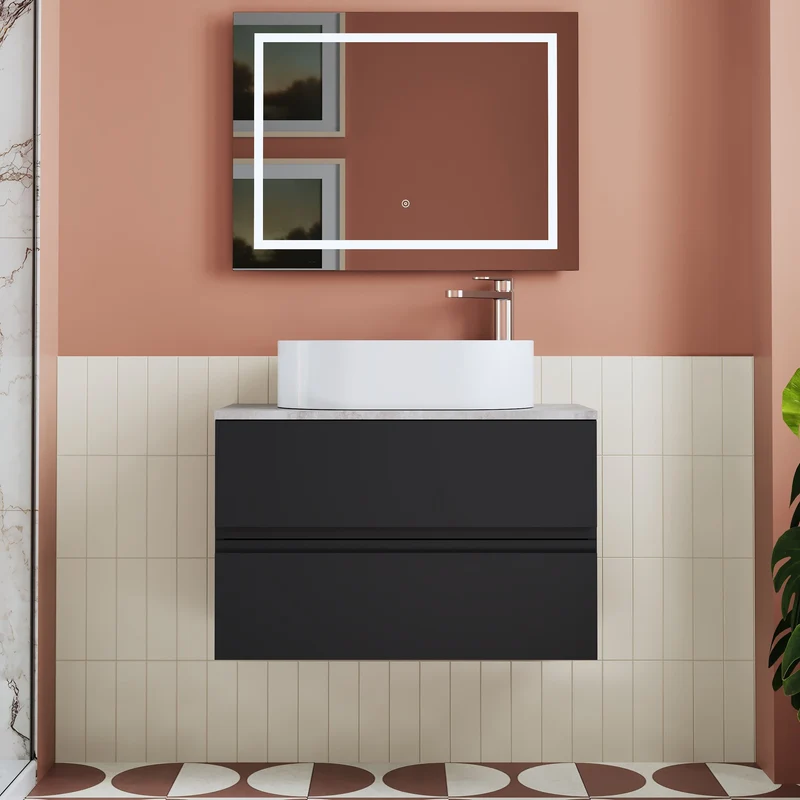 Urban 800mm Wall Hung 2 Drawer Vanity Unit & Bellato Grey Laminate Worktop - Soft Black Satin