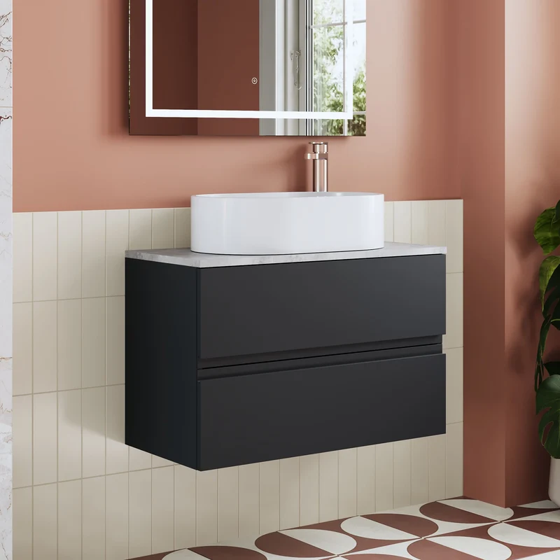 Urban 800mm Wall Hung 2 Drawer Vanity Unit & Bellato Grey Laminate Worktop - Soft Black Satin