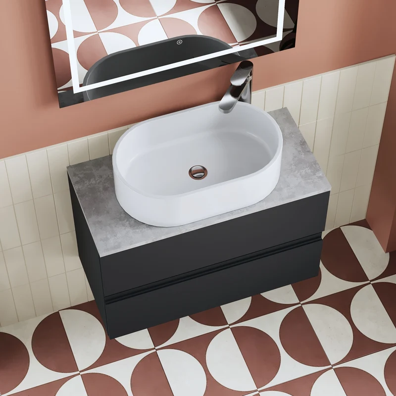 Urban 800mm Wall Hung 2 Drawer Vanity Unit & Bellato Grey Laminate Worktop - Soft Black Satin