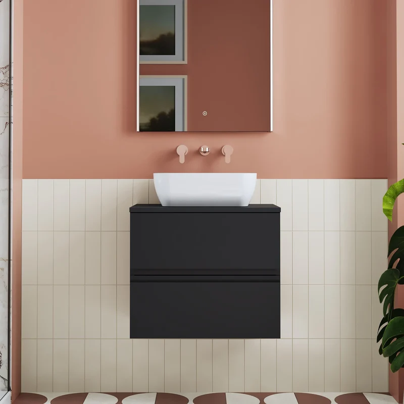 Urban 600mm Wall Hung 2 Drawer Vanity Unit & Worktop - Soft Black Satin