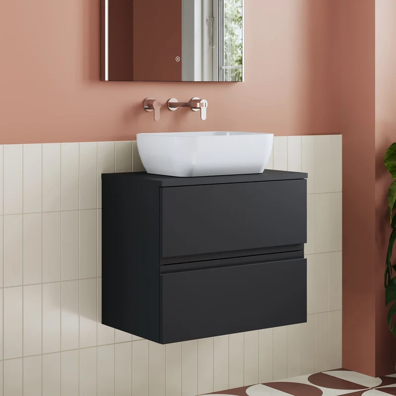 Urban 600mm Wall Hung 2 Drawer Vanity Unit & Worktop - Soft Black Satin