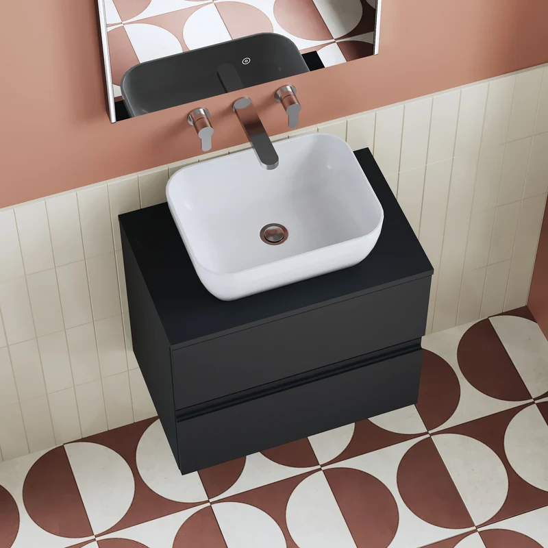 Urban 600mm Wall Hung 2 Drawer Vanity Unit & Worktop - Soft Black Satin