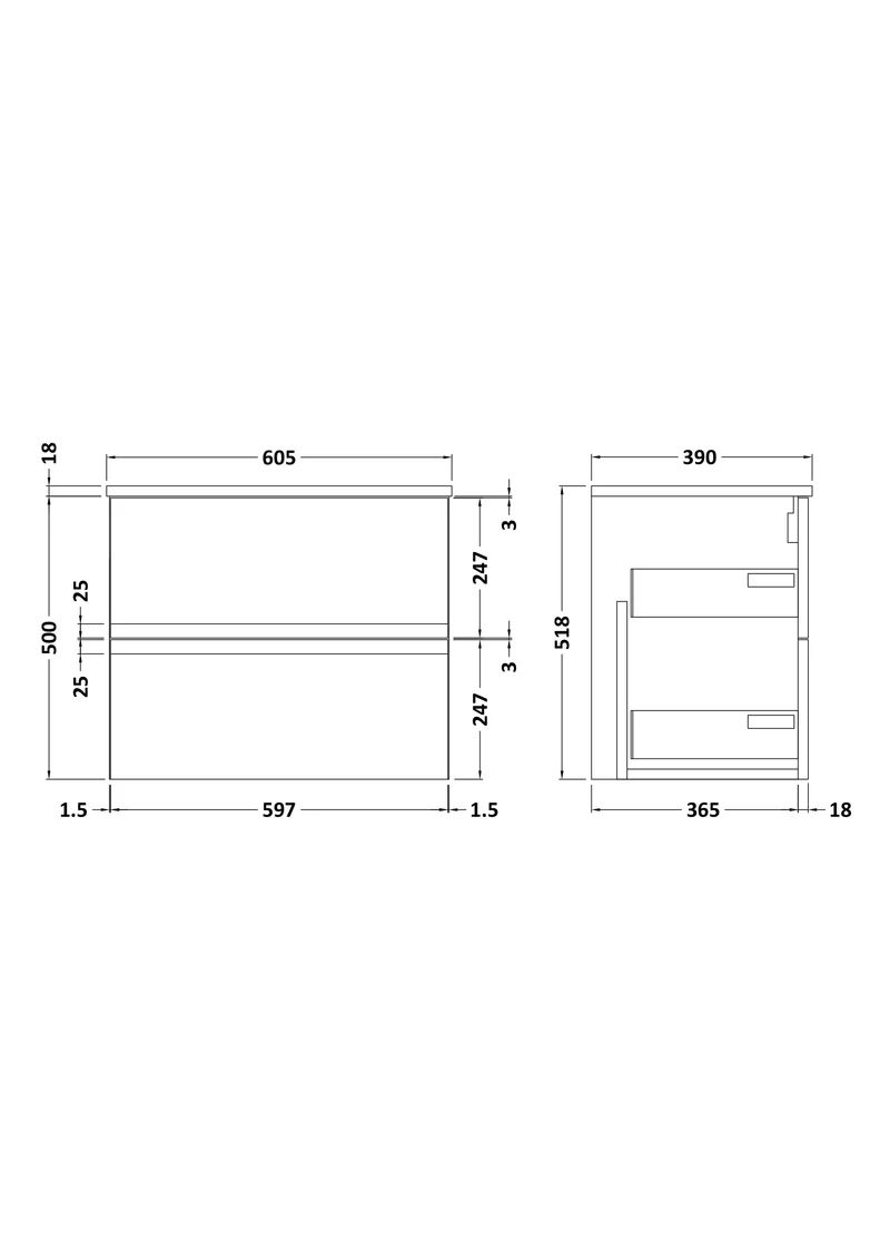 Urban 600mm Wall Hung 2 Drawer Vanity Unit & Worktop - Soft Black Satin