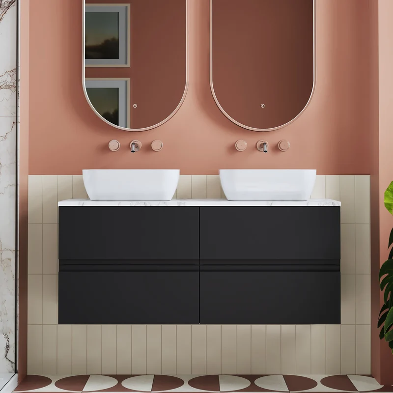 Urban 1200mm Wall Hung 4 Drawer Vanity Unit & Carrera Marble Laminate Worktop - Soft Black Satin
