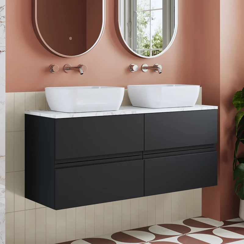Urban 1200mm Wall Hung 4 Drawer Vanity Unit & Carrera Marble Laminate Worktop - Soft Black Satin