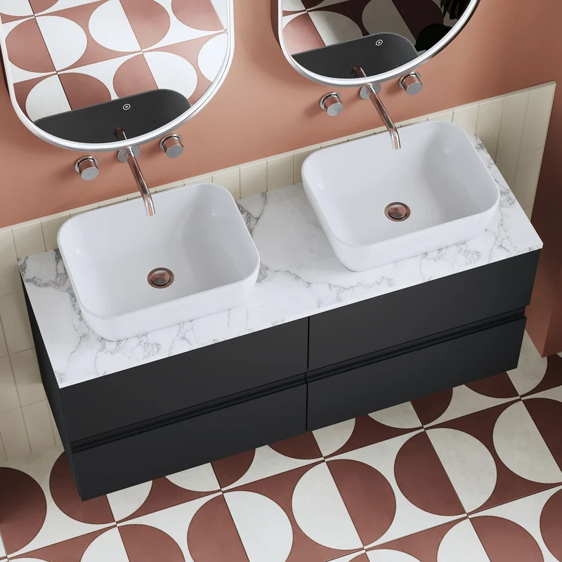 Urban 1200mm Wall Hung 4 Drawer Vanity Unit & Carrera Marble Laminate Worktop - Soft Black Satin