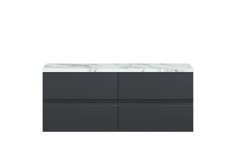 Urban 1200mm Wall Hung 4 Drawer Vanity Unit & Carrera Marble Laminate Worktop - Soft Black Satin
