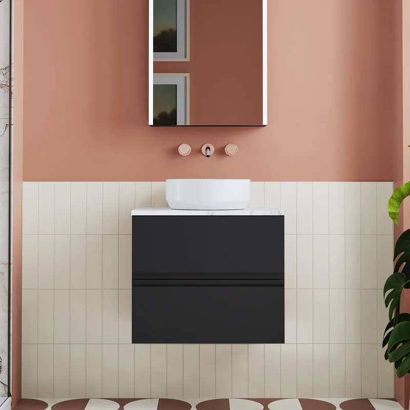 Urban 600mm Wall Hung 2 Drawer Vanity Unit & Carrera Marble Laminate Worktop - Soft Black Satin