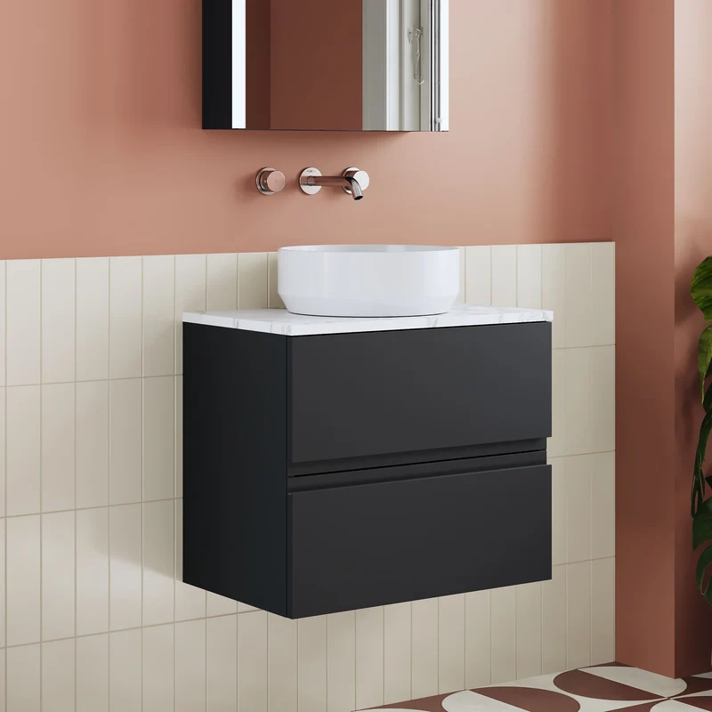 Urban 600mm Wall Hung 2 Drawer Vanity Unit & Carrera Marble Laminate Worktop - Soft Black Satin