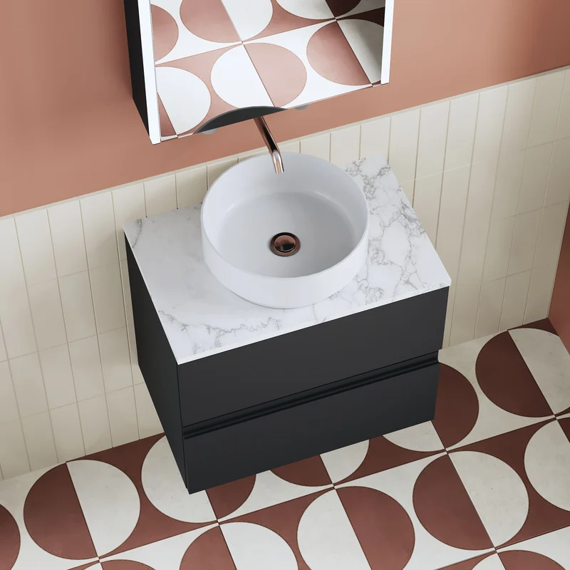 Urban 600mm Wall Hung 2 Drawer Vanity Unit & Carrera Marble Laminate Worktop - Soft Black Satin