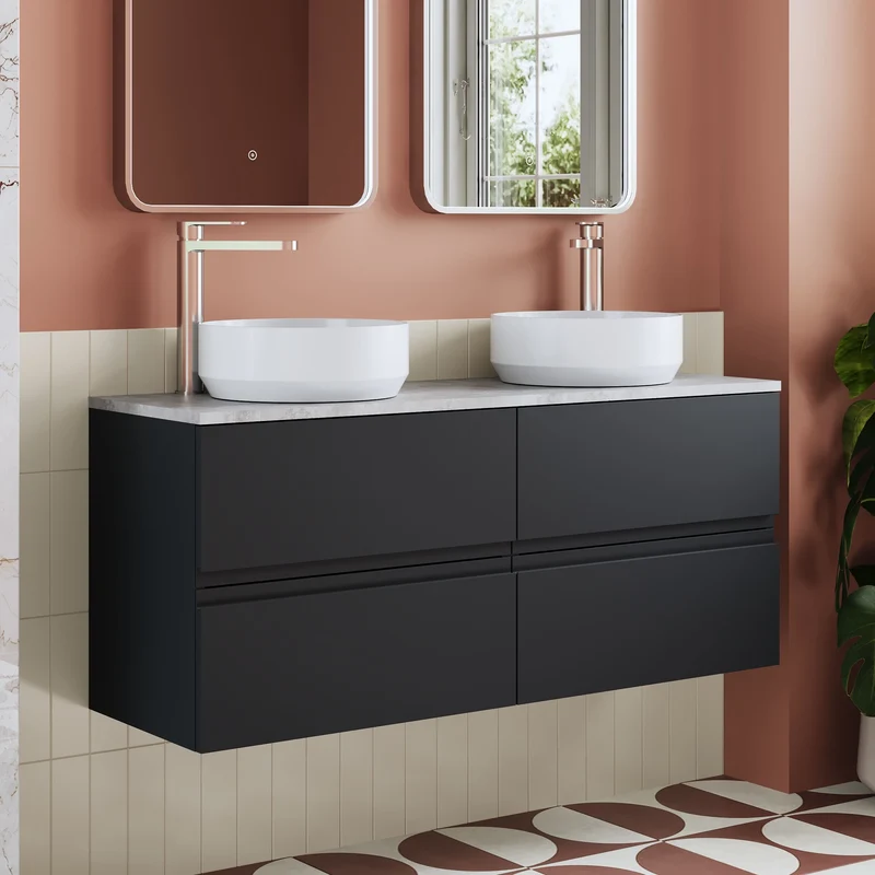 Urban 1200mm Wall Hung 4 Drawer Vanity Unit & Bellato Grey Laminate Worktop - Soft Black Satin