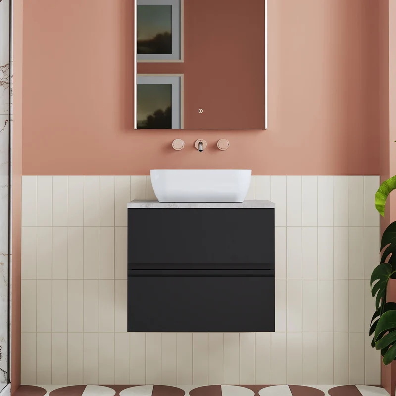 Urban 600mm Wall Hung 2 Drawer Vanity Unit & Bellato Grey Laminate Worktop - Soft Black Satin
