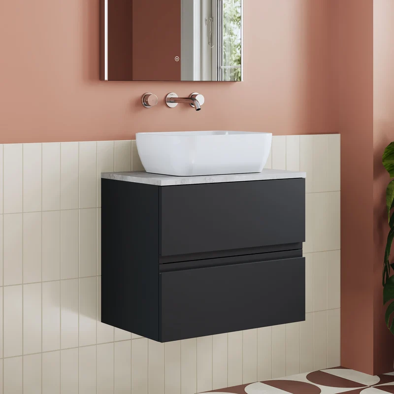 Urban 600mm Wall Hung 2 Drawer Vanity Unit & Bellato Grey Laminate Worktop - Soft Black Satin
