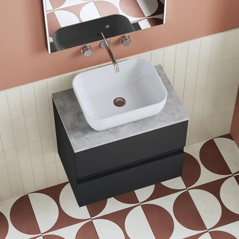 Urban 600mm Wall Hung 2 Drawer Vanity Unit & Bellato Grey Laminate Worktop - Soft Black Satin
