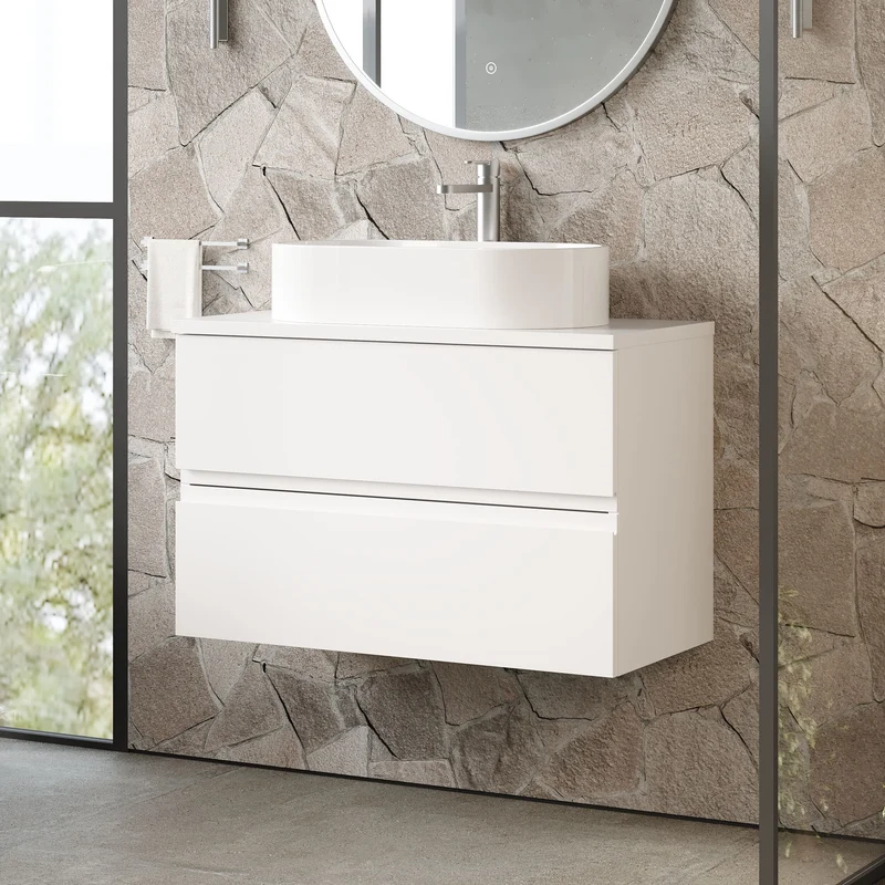 Urban 800mm Wall Hung 2 Drawer Vanity Unit & Worktop - White Satin