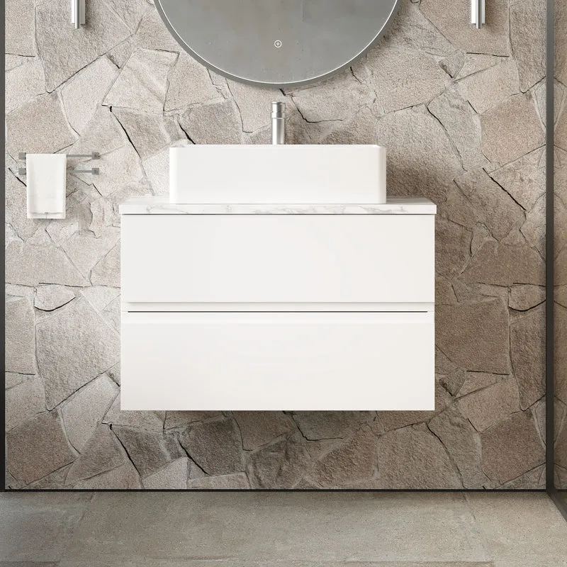 Urban 800mm Wall Hung 2 Drawer Vanity Unit & Carrera Marble Laminate Worktop - White Satin