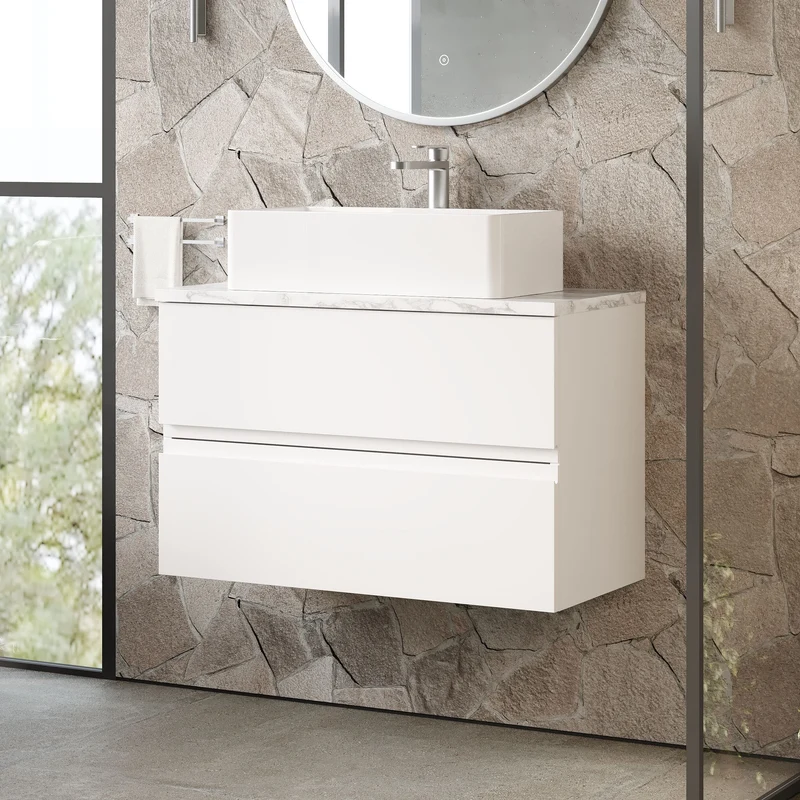 Urban 800mm Wall Hung 2 Drawer Vanity Unit & Carrera Marble Laminate Worktop - White Satin