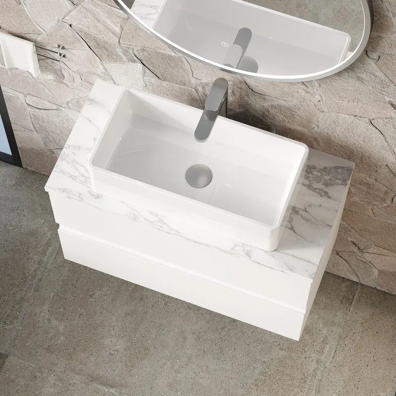 Urban 800mm Wall Hung 2 Drawer Vanity Unit & Carrera Marble Laminate Worktop - White Satin