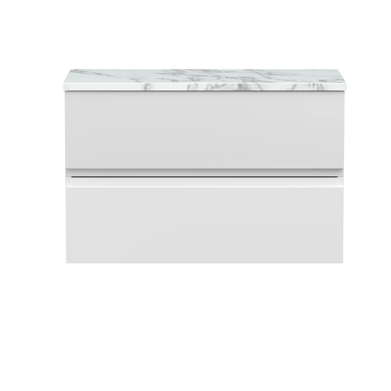 Urban 800mm Wall Hung 2 Drawer Vanity Unit & Carrera Marble Laminate Worktop - White Satin