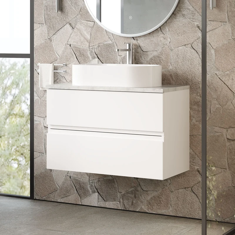 Urban 800mm Wall Hung 2 Drawer Vanity Unit & Bellato Grey Laminate Worktop - White Satin