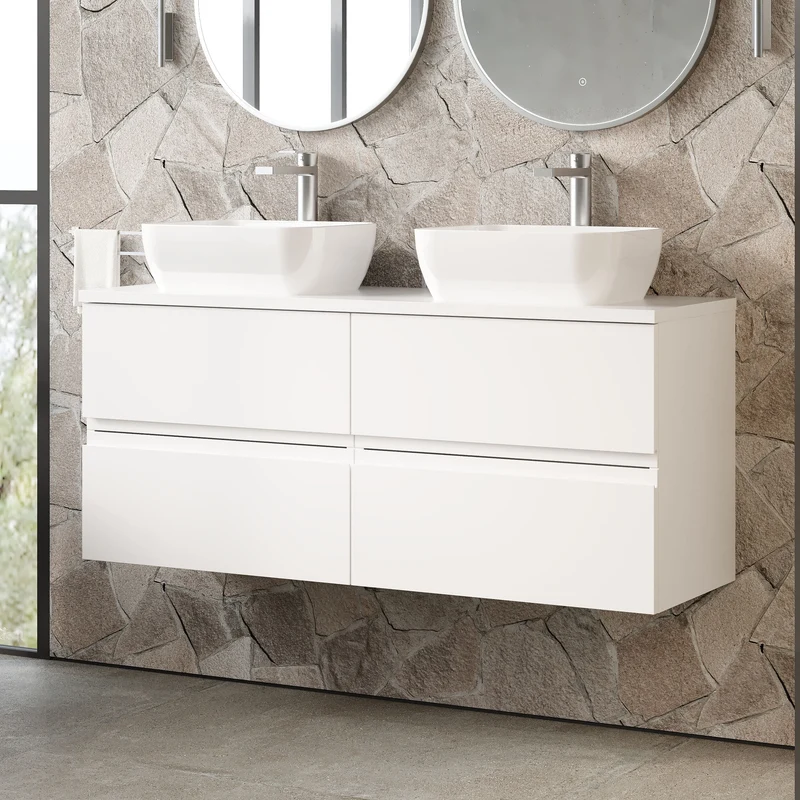 Urban 1200mm Wall Hung 4 Drawer Vanity Unit & Worktop - White Satin