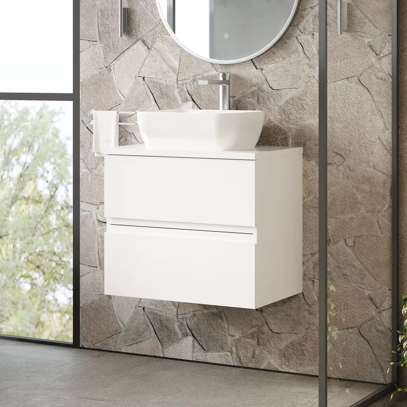Urban 600mm Wall Hung 2 Drawer Vanity Unit & Worktop - White Satin
