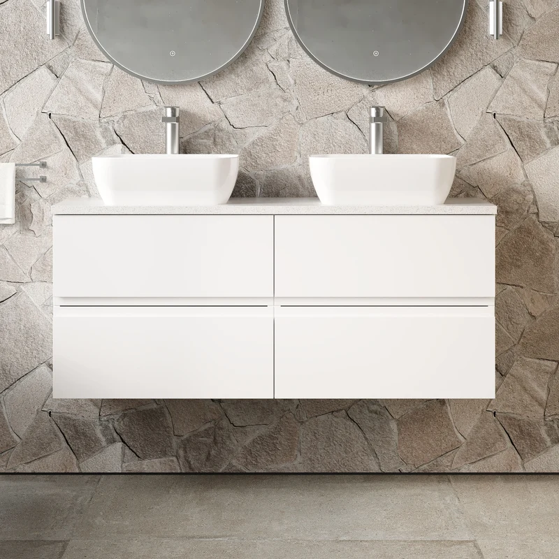 Urban 1200mm Wall Hung 4 Drawer Vanity Unit & Carrera Marble Laminate Worktop - White Satin