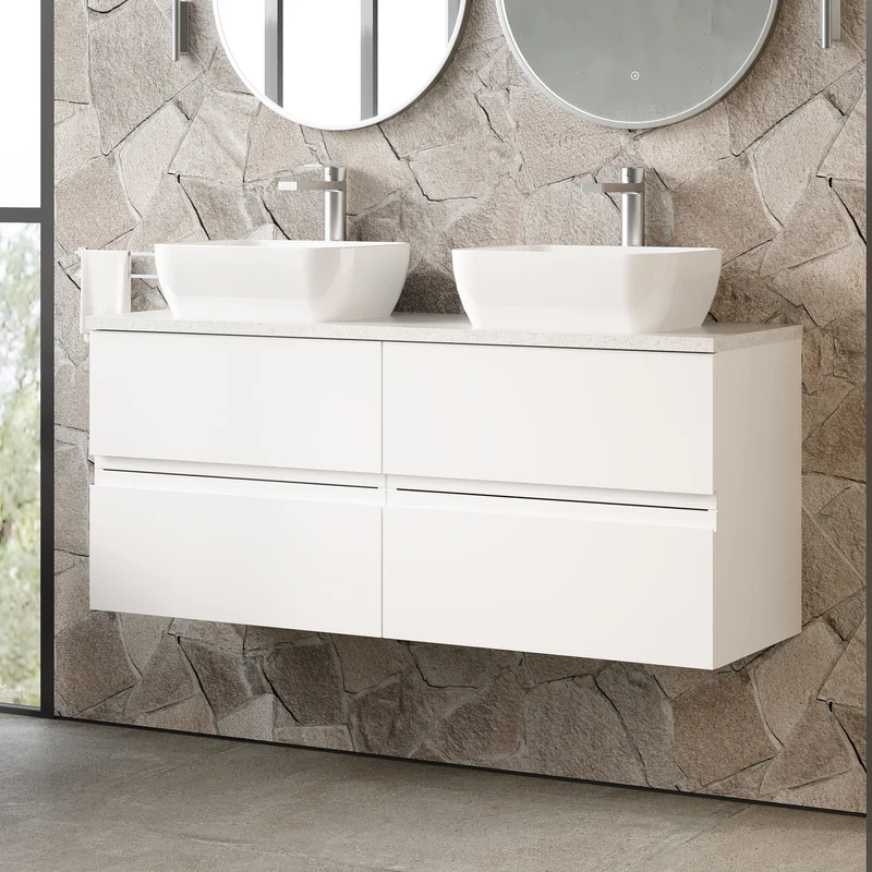 Urban 1200mm Wall Hung 4 Drawer Vanity Unit & Carrera Marble Laminate Worktop - White Satin