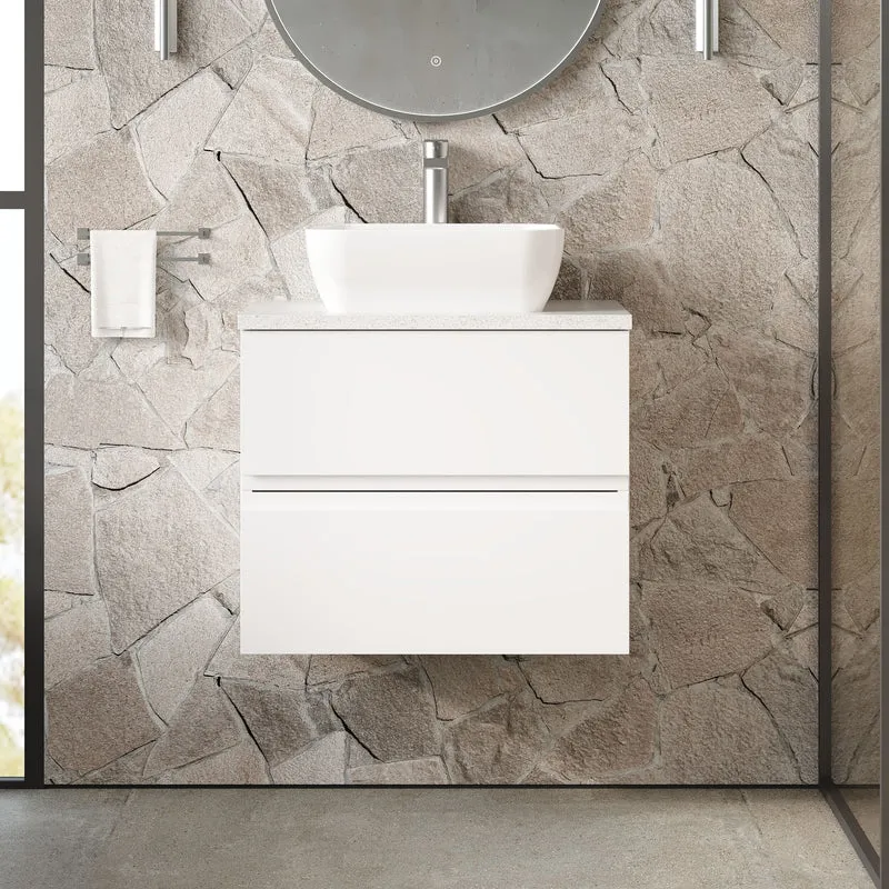 Urban 600mm Wall Hung 2 Drawer Vanity Unit & Carrera Marble Laminate Worktop - White Satin