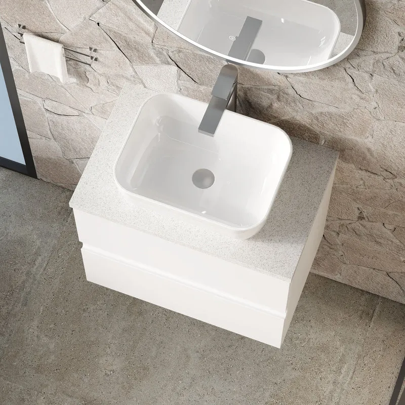 Urban 600mm Wall Hung 2 Drawer Vanity Unit & Carrera Marble Laminate Worktop - White Satin