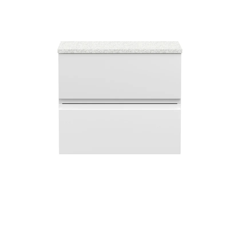 Urban 600mm Wall Hung 2 Drawer Vanity Unit & Carrera Marble Laminate Worktop - White Satin