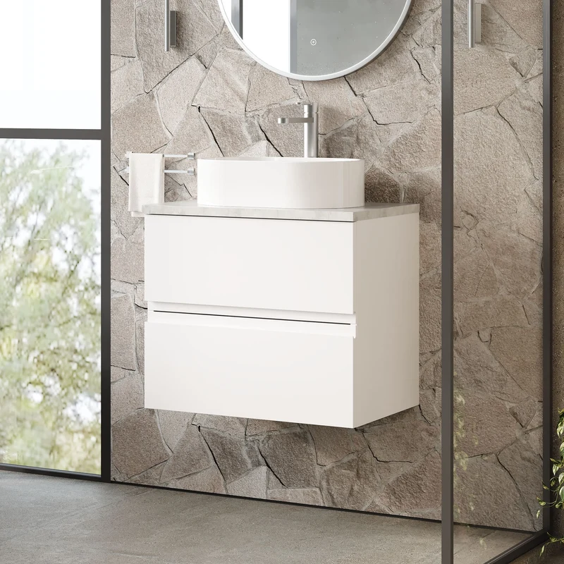 Urban 600mm Wall Hung 2 Drawer Vanity Unit & Bellato Grey Laminate Worktop - White Satin