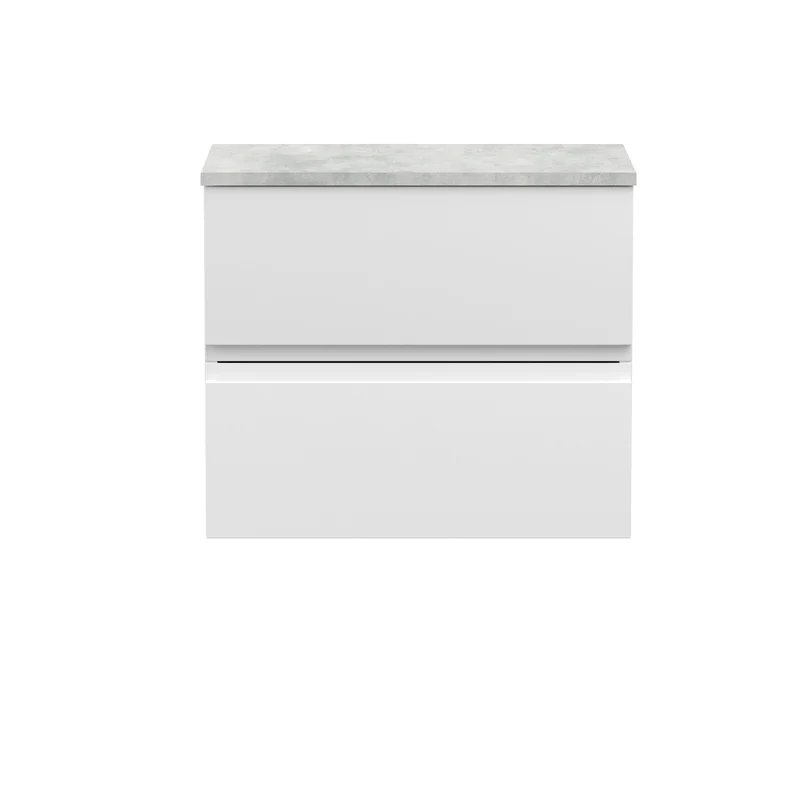 Urban 600mm Wall Hung 2 Drawer Vanity Unit & Bellato Grey Laminate Worktop - White Satin