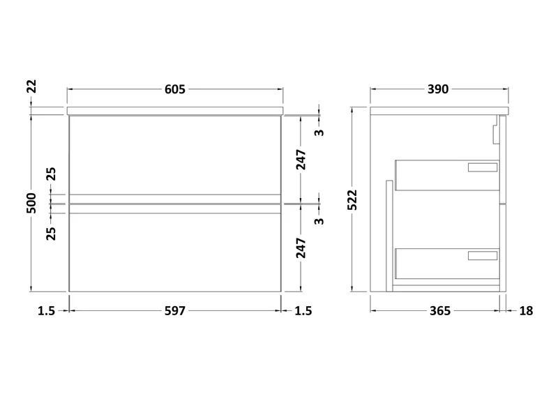 Urban 600mm Wall Hung 2 Drawer Vanity Unit & Bellato Grey Laminate Worktop - White Satin